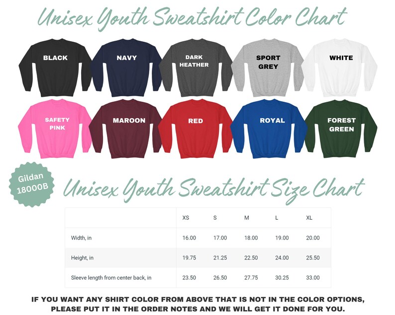 The image is a color chart for unisex youth sweatshirts, displaying various color options and corresponding sizes.