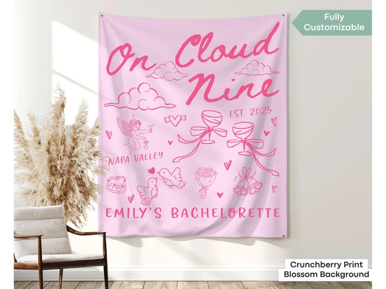 Celestial-themed bridal party sign with personalized text, designed for elegant photo ops and bach weekend lounges.