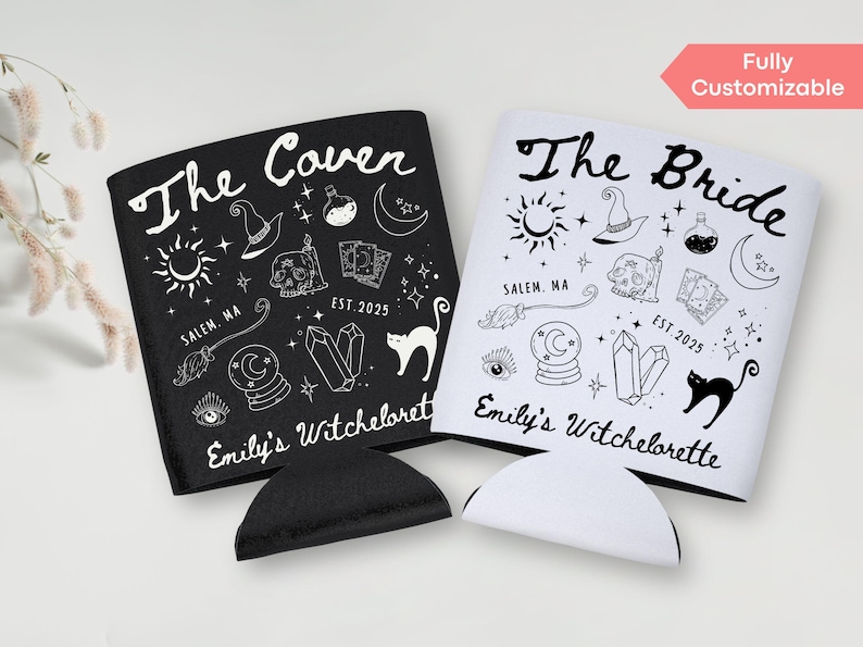 Custom can sleeve for gothic bachelorette decor, featuring celestial elements and spooky bride details. Witchy bachelorette drink holder styled for haunted hen nights and Halloween bridal showers. Flat lay of spooky can cooler with stars and moon design, made for coven brides and ghostly getaways.