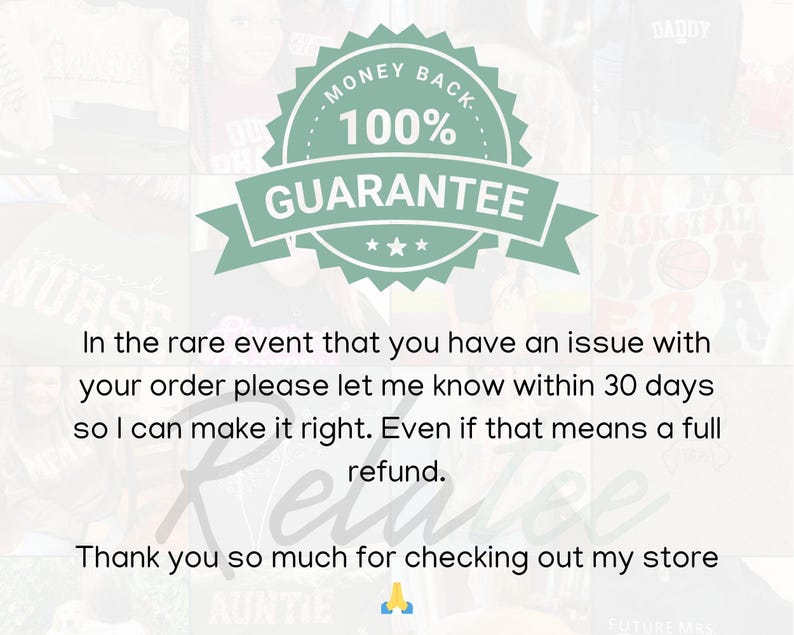 May include: A green and white circular seal with the text "MONEY BACK. 100% GUARANTEE" and three stars. The text below the seal reads "In the rare event that you have an issue with your order please let me know within 30 days so I can make it right. Even if that means a full refund. Thank you so much for checking out my store."