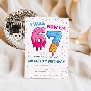 Editable Six Seven meme birthday invitation template with pastel ice cream graphics. A trendy digital invite for boys or girls turning seven.
