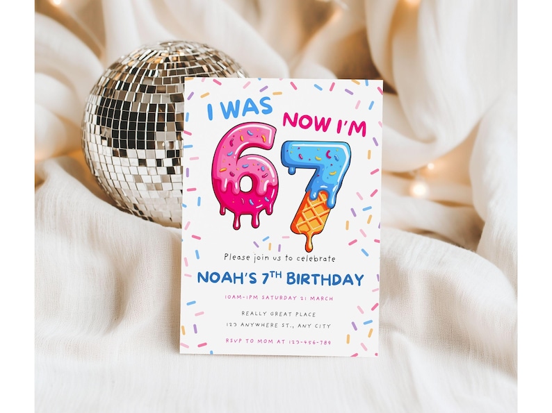 Editable Six Seven meme birthday invitation template with pastel ice cream graphics. A trendy digital invite for boys or girls turning seven.