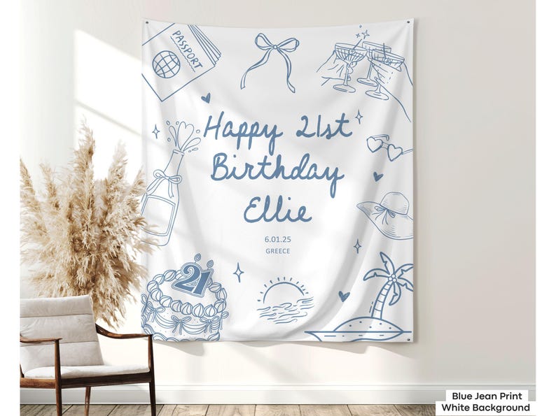 Custom name beach-themed 21st birthday banner personalized for milestone birthday parties, ideal as a chic coastal photo backdrop.