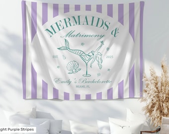 Custom Mermaids And Matrimony Bachelorette Party Banner Personalized Margs Beach Bach Tapestry Seashell Martini Coastal Bach Photo Backdrop