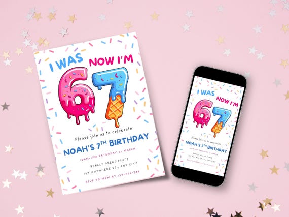 Ice Cream Six Seven Birthday Party Invitation, 7th Birthday Invite Editable Template, Gen Z Alpha 6 7 Meme Bday Digital Download
