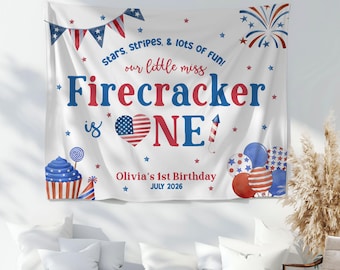 Our Little Miss Firecracker First Birthday Banner Custom Red White Blue Independence 4th of July Themed Birthday Party Wall Hanging Tapestry