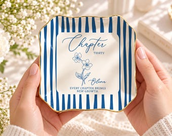 Personalized Chapter 40 Birthday Jewelry Dish, Custom 40th Birthday Birth Flower Ceramic Trinket Tray, Sister Best Friend Ring Dish Keepsake