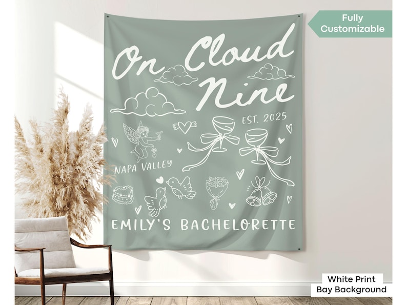 Custom Cloud Nine Bachelorette Party Banner Decor Bride On Cloud Nine Bach Party Wall Tapestry Cloud 9 Club Wine Bridal Shower Sign Backdrop image 9