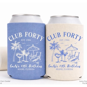 Two blue and cream-colored Club Forty party coolers with illustrations of beach and palm trees, and text indicating they are for Emily's 40th birthday in Miami, Florida.