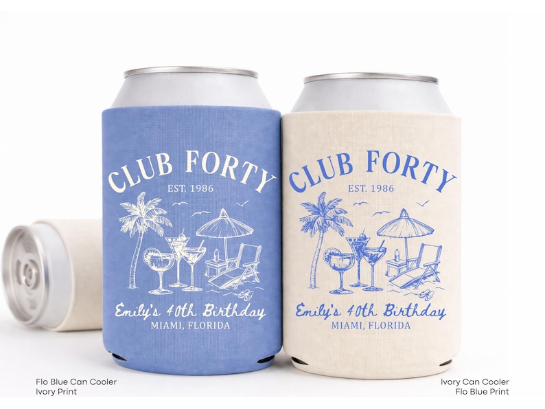 Two blue and cream-colored Club Forty party coolers with illustrations of beach and palm trees, and text indicating they are for Emily's 40th birthday in Miami, Florida.