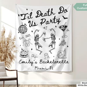 Til Death Do Us Party Bachelorette Banner Decor Bride or Die Tapestry Sign Witchy Skeleton Halloween Bridal Shower Goth Bride Photo Backdrop
