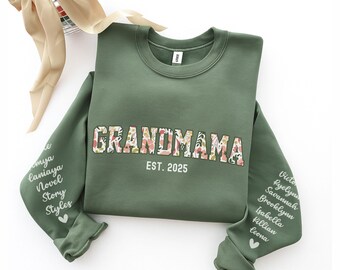 Custom Floral Grandmama Sweatshirt with Kids Names on Sleeve
