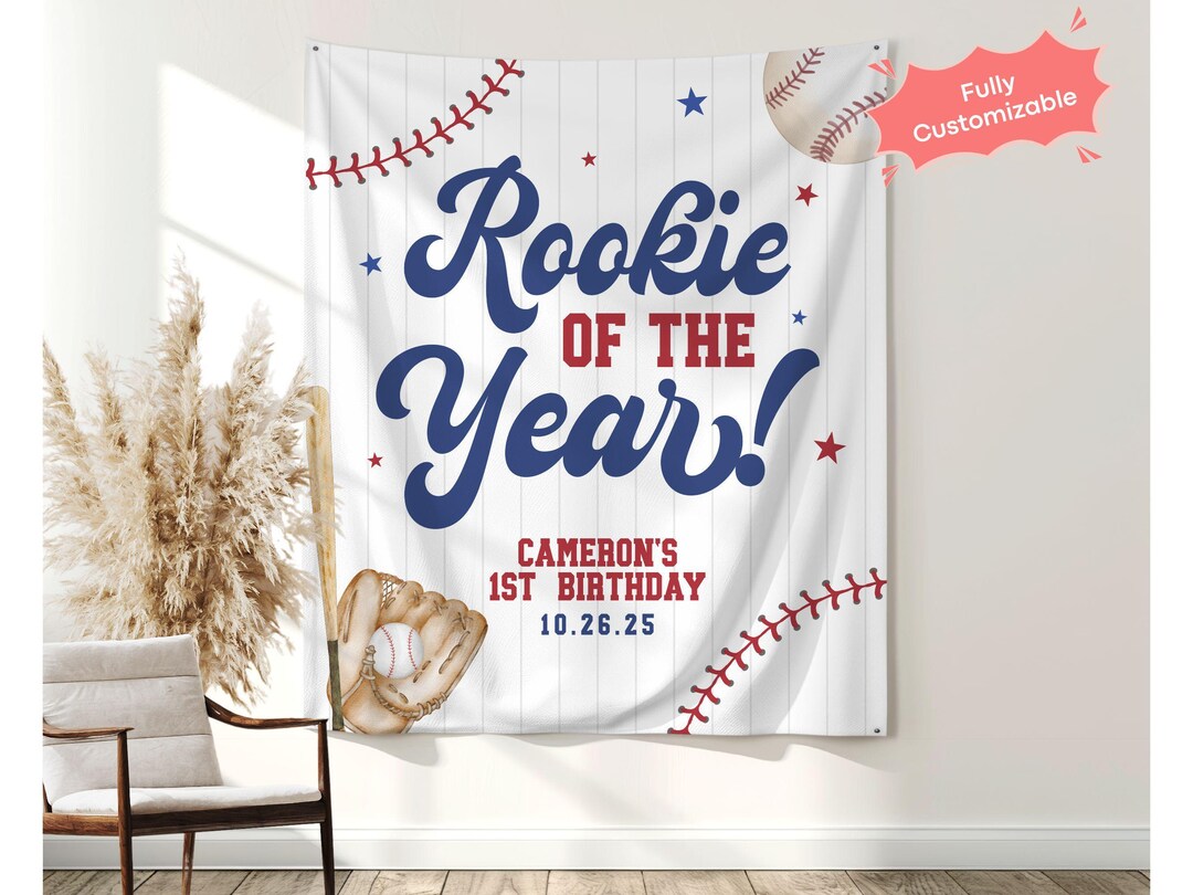 Rookie of the Year First Birthday Wall Tapestry Custom Baseball Party ...