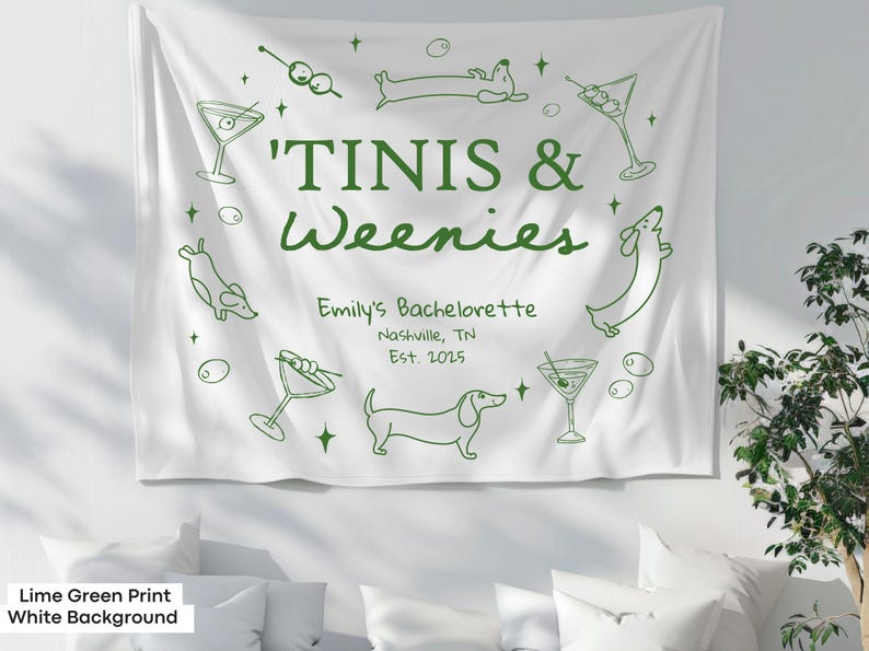Personalized Weenies and Martinis banner for wiener dog-themed bachelorette parties, perfect for funny bridal showers or beach photo backdrops. Custom dachshund and martini bachelorette tapestry