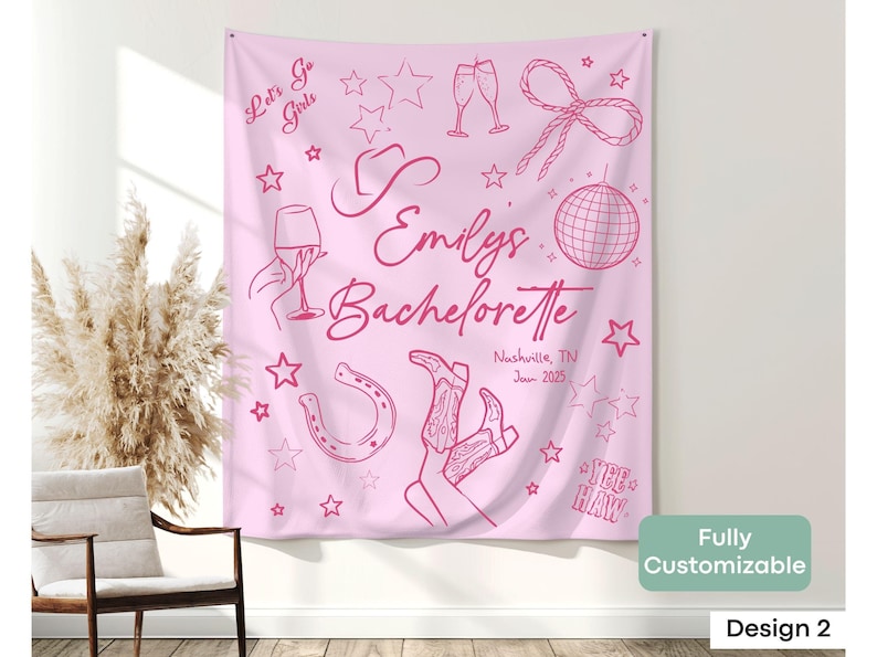 Make your bachelorette party unforgettable with this custom Let's Go Girls tapestry, perfect for a country-themed celebration, bride photo backdrop, or girls weekend getaway.