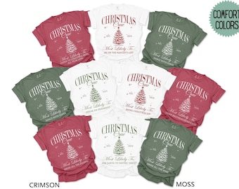 Könnte beinhalten: Eine Sammlung von neun kurzärmeligen T-Shirts in Karmesinrot, Weiß und Moosgrün. Jedes Shirt zeigt eine Grafik eines Weihnachtsbaums mit dem Text "Christmas Crew", "Est. 2024" und verschiedenen "Most Likely To"-Sprüchen.