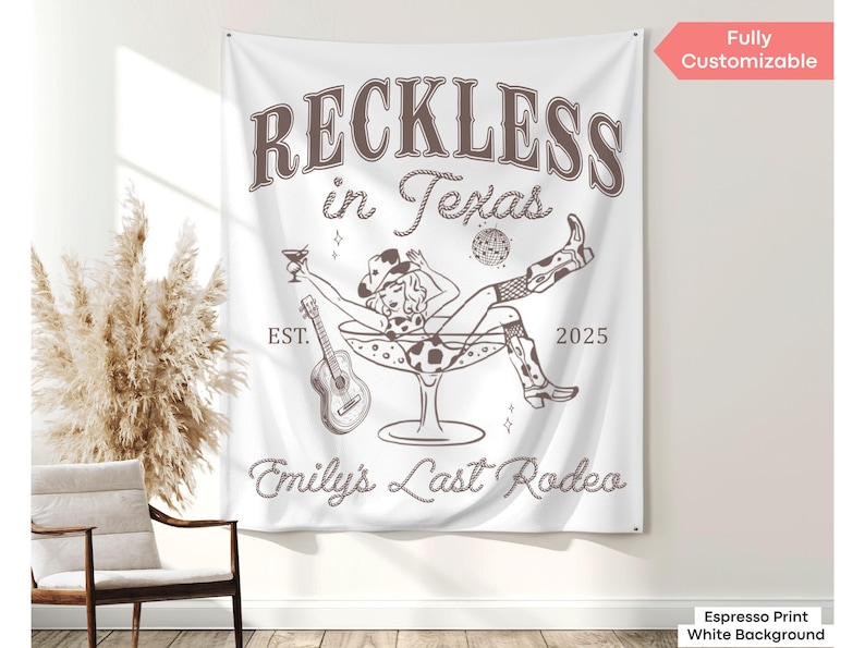 Personalized Reckless in Texas banner for cowgirl bachelorette parties, perfect for Last Hoedown themes or Austin bach photo ops.