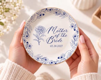 Personalized Mother of the Bride Jewelry Dish, Custom Mother of the Groom Ring Dish, Personalized Wedding Day Gift for Mom Birth Flower Tray