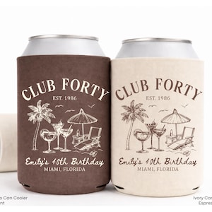 Two Club Forty beverage coolers, one brown and one beige, both featuring illustrations of a beach scene and palm trees.