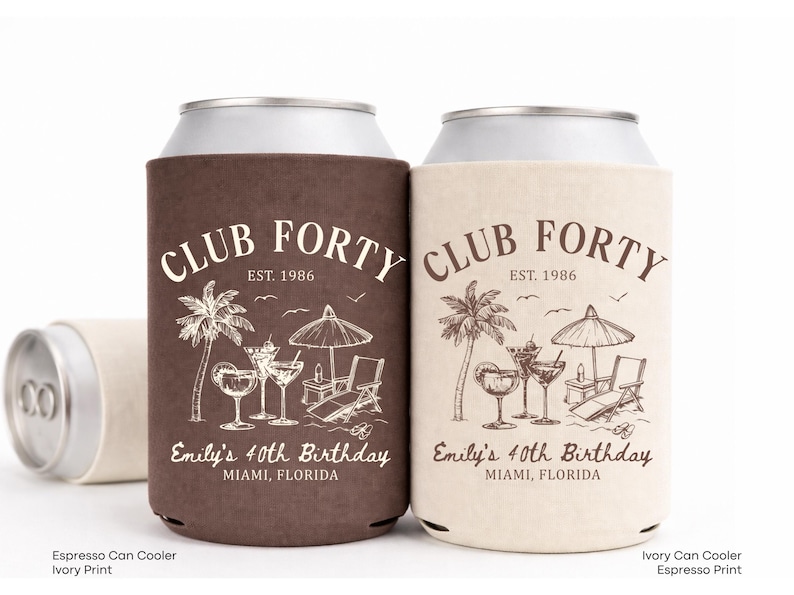Two Club Forty beverage coolers, one brown and one beige, both featuring illustrations of a beach scene and palm trees.