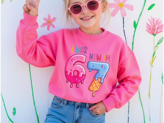 I was 6 Now I am 7 Birthday Shirt Ice Cream 7th Birthday Sweatshirt Funny 6 7 Meme Bday Youth Crewneck Six Seven Year Old T-Shirt Girl Boy