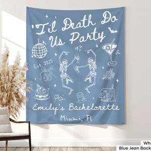 Til Death Do Us Party Bachelorette Banner Decor Bride or Die Tapestry Sign Witchy Skeleton Halloween Bridal Shower Goth Bride Photo Backdrop
