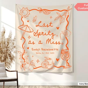 Lightweight tapestry showcasing vibrant cocktail doodles, personalized bride text, and playful party icons—perfect for sun-soaked hen weekends and Italian-themed bachelorette celebrations.