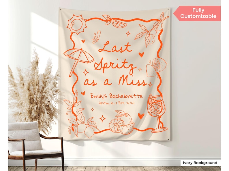 Lightweight tapestry showcasing vibrant cocktail doodles, personalized bride text, and playful party icons—perfect for sun-soaked hen weekends and Italian-themed bachelorette celebrations.