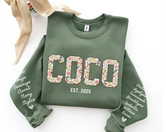 Custom Floral Coco Sweatshirt With Kid Names on Sleeve: Mothers Day Gift For Grandma Tee