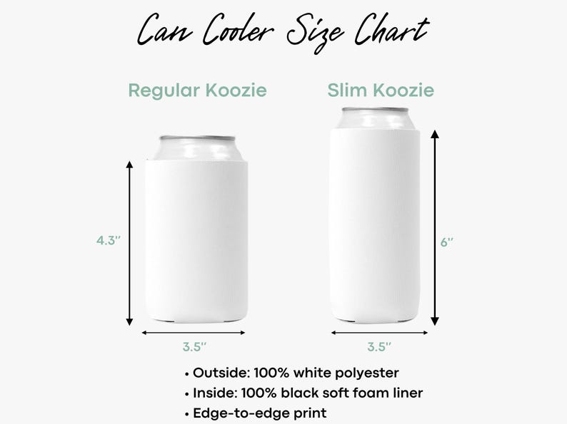 two different sizes of white can coolers, labeled as Regular Koozie and Slim Koozie. The image provides measurements for each size, including the outside dimensions of 3.5" and the inside dimensions of 3.5" for both sizes.