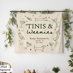 Martini-themed bachelorette backdrop with wiener dog flair, ideal for bride photo ops and personalized bridal party signage.