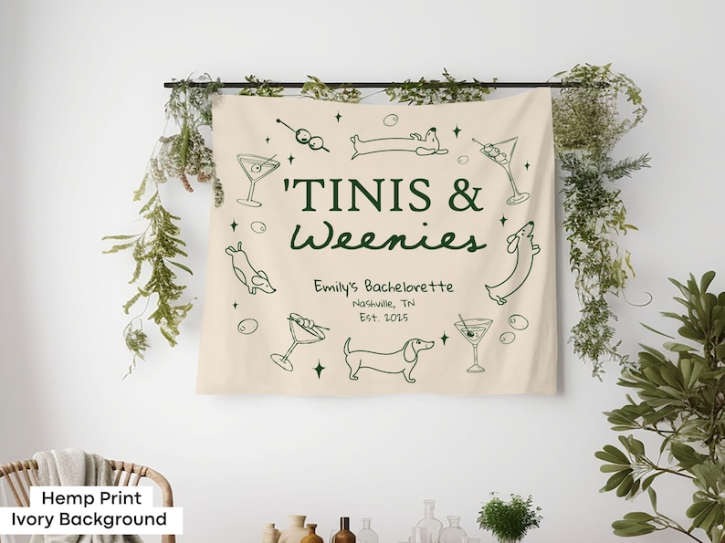 Martini-themed bachelorette backdrop with wiener dog flair, ideal for bride photo ops and personalized bridal party signage.