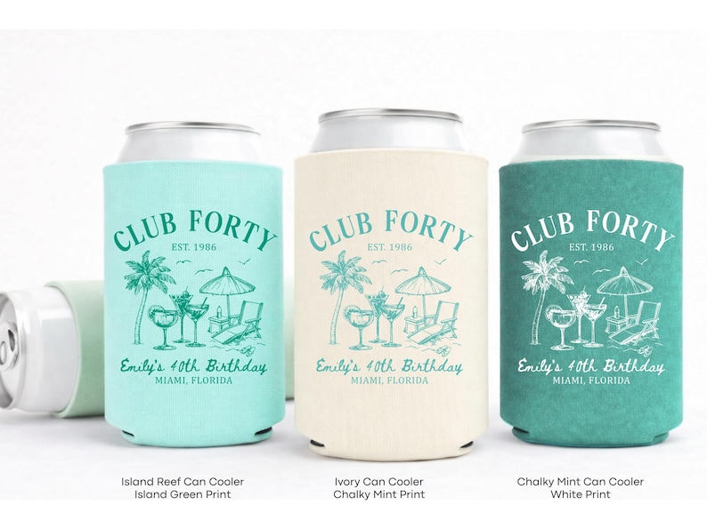Three Club Forty beverage coolers in different colors - turquoise, beige, and teal - with the text "Club Forty" and "Est. 1986" printed on them.