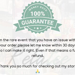 May include: A mint green and white badge with the text "MONEY BACK 100% GUARANTEE". The image also includes text about refunds and a thank you message.