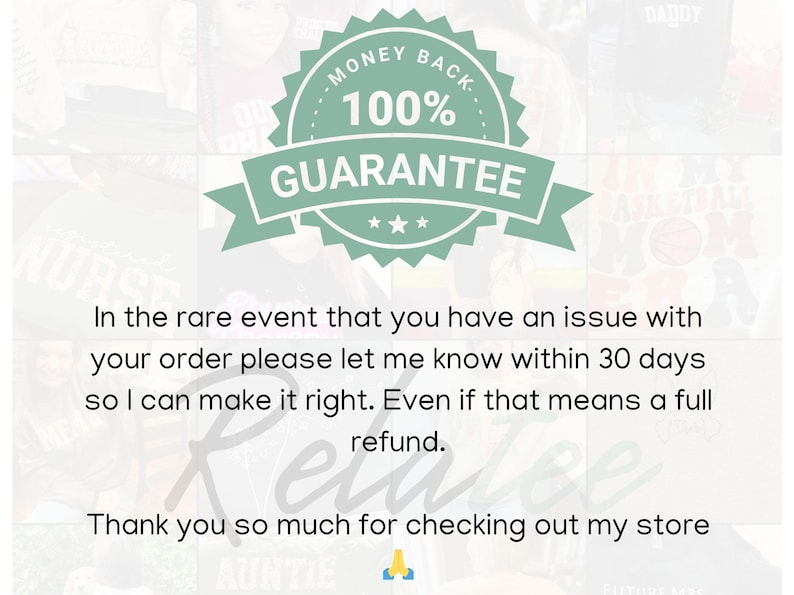 May include: A mint green and white badge with the text "MONEY BACK 100% GUARANTEE". The image also includes text about refunds and a thank you message.
