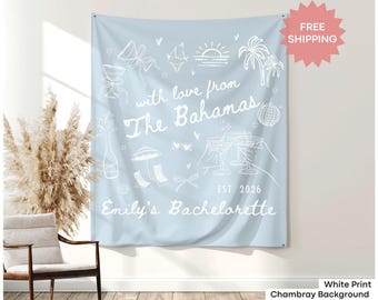 With Love From The Bahamas Bachelorette Banner, Custom Location Bridal Shower Photo Backdrop, Coastal Bach Wall Tapestry, Beach Party Sign