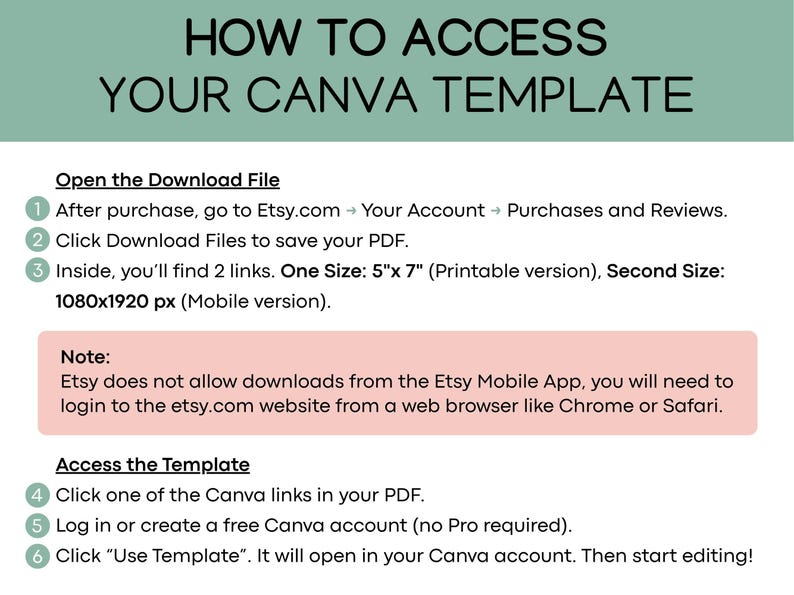 May include: A guide titled "HOW TO ACCESS YOUR CANVA TEMPLATE" with instructions on how to download and use a Canva template purchased on Etsy. The text includes steps, sizes, and a note about Etsy downloads.