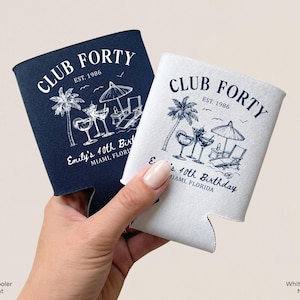 A hand holding two navy blue and white club Forty birthday party coolers, each with a unique design.