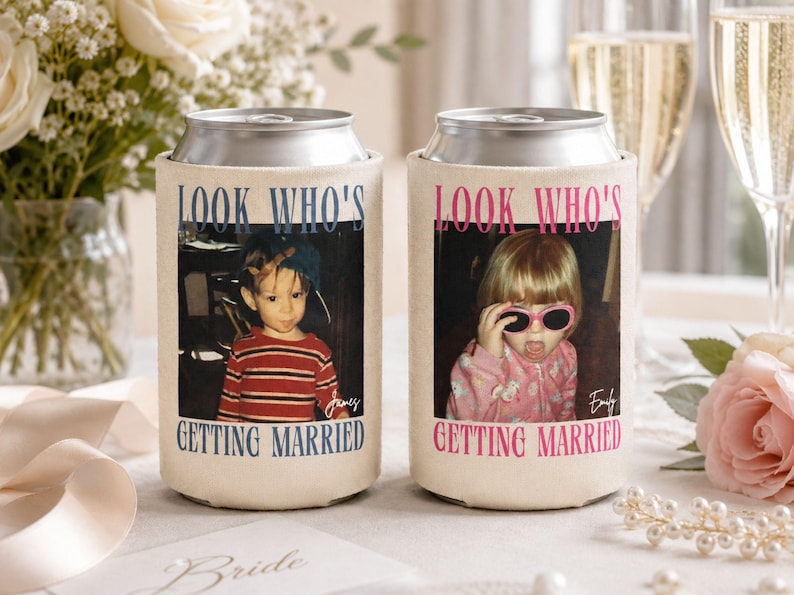 May include: Two off-white foam can coolers featuring custom photo prints. The left cooler displays a child in a striped shirt with the text "LOOK WHO'S GETTING MARRIED" in blue and the name "James". The right cooler shows a child in pink with the same text in pink and the name "Emily".
