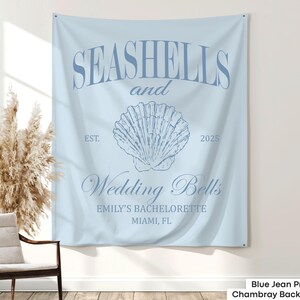 Make your beach bachelorette unforgettable with this personalized backdrop, featuring seashell and wedding bell details for a stylish and elegant touch.