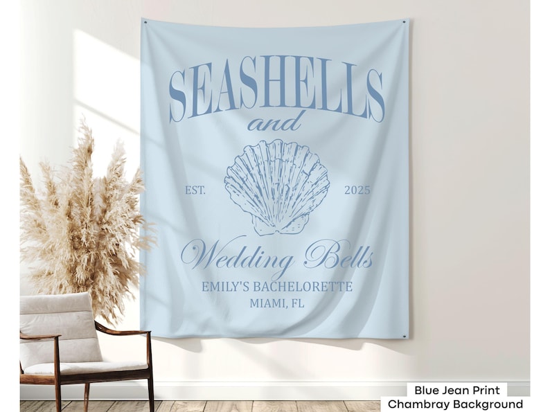 Make your beach bachelorette unforgettable with this personalized backdrop, featuring seashell and wedding bell details for a stylish and elegant touch.