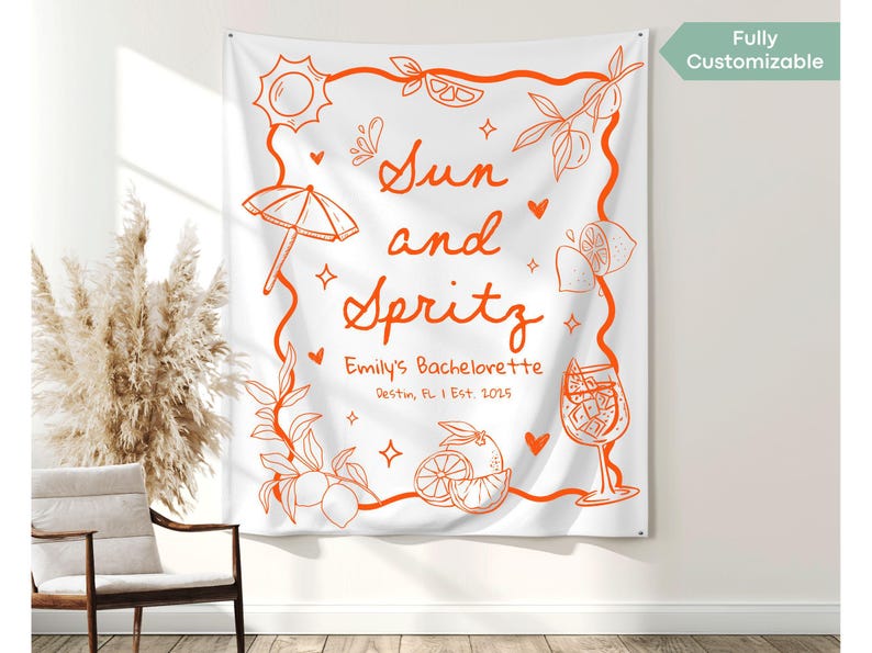 Custom spritz-themed tapestry made for tropical bach weekends, Italian-style bridal events, and citrus cocktail celebrations.