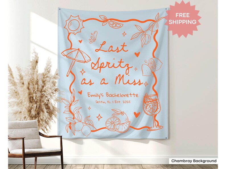 Sunshine and spritz design banner featuring cheerful cocktail sketches and “Last Spritz As A Miss” text, designed to create a fun, festive atmosphere at bachelorette events.