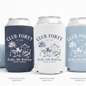 Three can coolers with the same design, featuring palm trees, umbrellas, and chairs, and the text "Club Forty" printed on them.