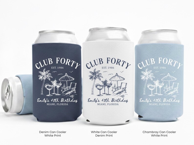 Three can coolers with the same design, featuring palm trees, umbrellas, and chairs, and the text "Club Forty" printed on them.