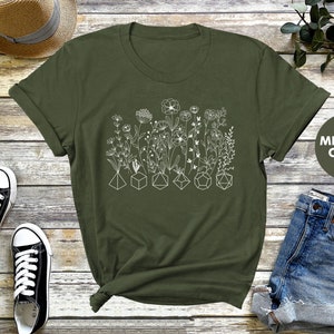 Floral Dungeons and Dragons shirt with a geometric dice graphic, perfect for a DnD birthday gift or as a gift for a DM.