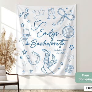Designed for a Western bachelorette, this customized tapestry is a great party backdrop for a last rodeo, bride-to-be photos, or country-themed decor.