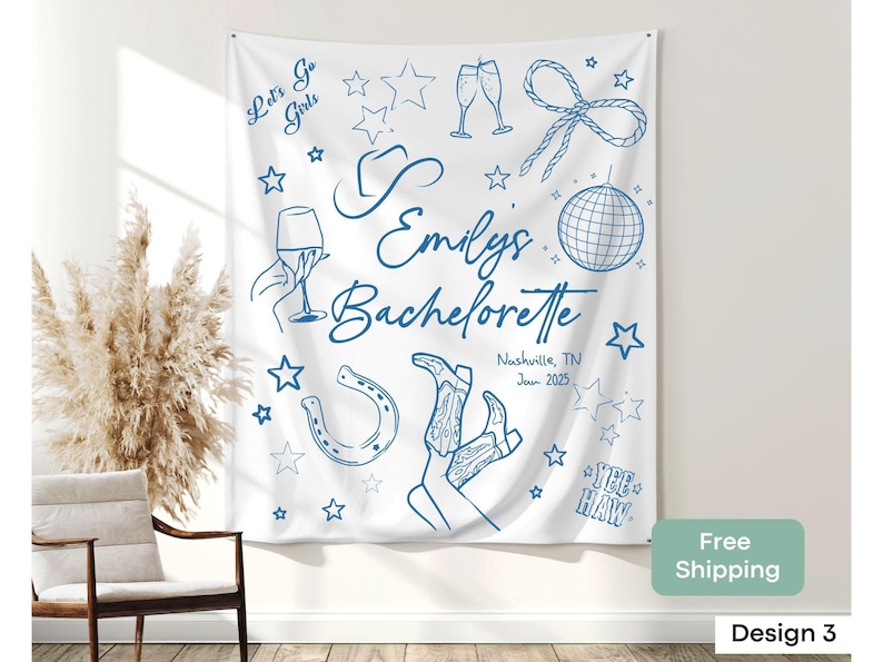 Designed for a Western bachelorette, this customized tapestry is a great party backdrop for a last rodeo, bride-to-be photos, or country-themed decor.