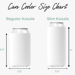 two different sizes of white can coolers, labeled as a regular koozie and a slim koozie. The sizes are indicated by the corresponding measurements provided, with the regular koozie being 4.3" and the slim koozie being 3.5" in inches.