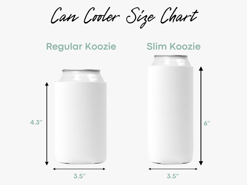 two different sizes of white can coolers, labeled as a regular koozie and a slim koozie. The sizes are indicated by the corresponding measurements provided, with the regular koozie being 4.3" and the slim koozie being 3.5" in inches.